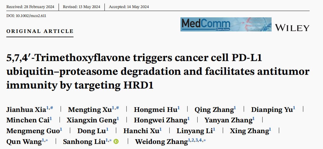 万象城官网刘三宏和海军军医大学张卫东团队发表论文揭示中药来源的小分子芹菜素三甲醚的抗肿瘤作用机制